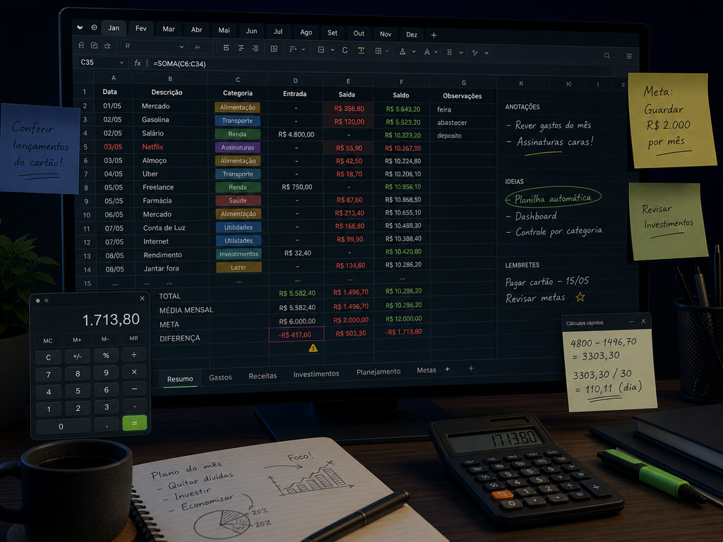 Controle financeiro manual em uma planilha tradicional