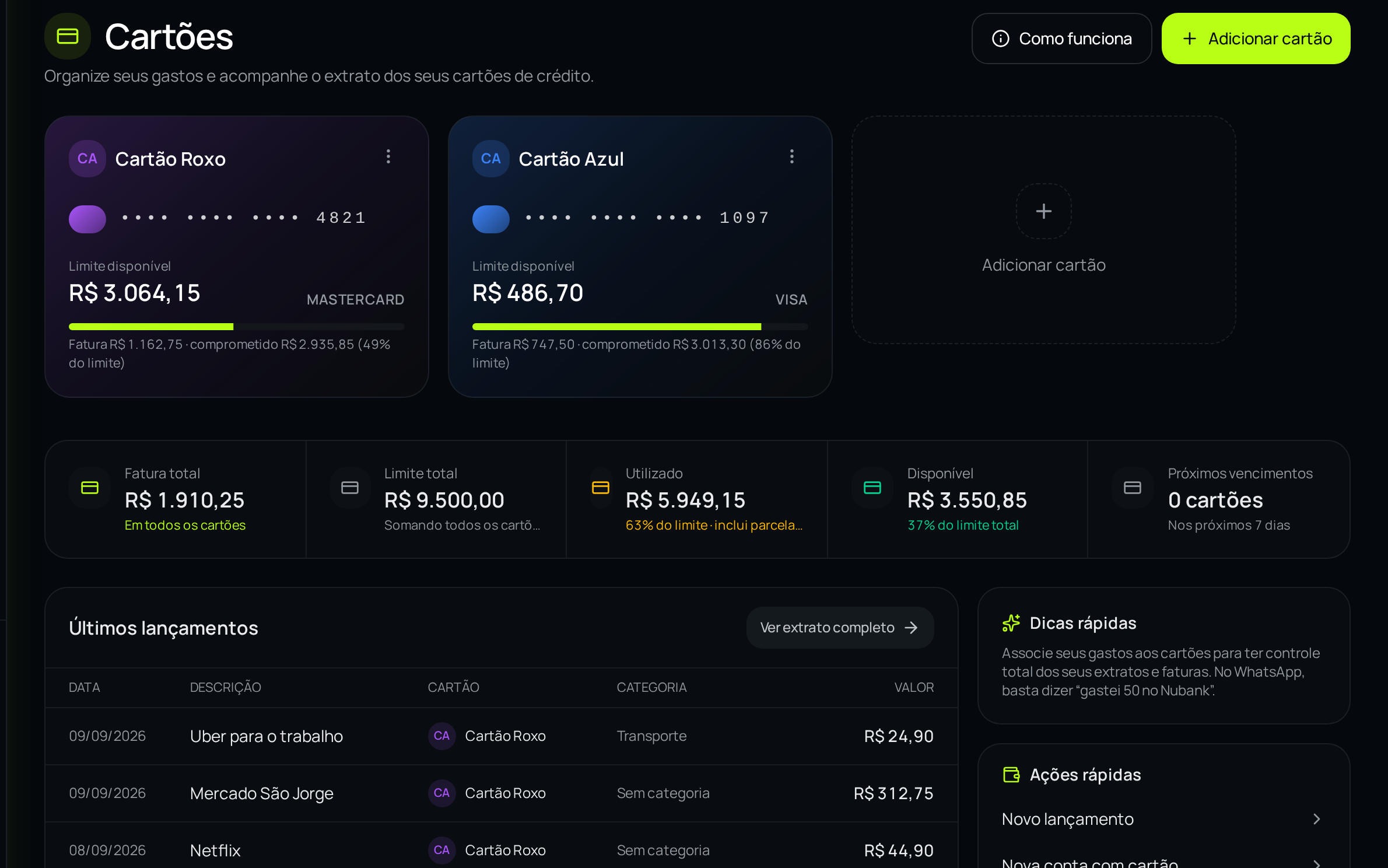 Tela de cartões do FinZap AI, em conta de demonstração, com faturas, limites e últimos lançamentos